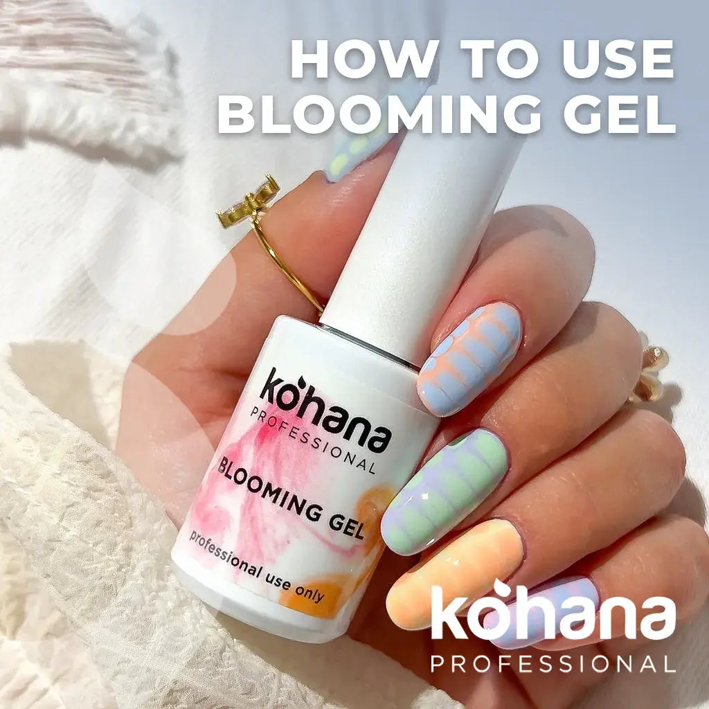 Kohana Professional Blooming Gel bottle held in hand with pastel blooming gel nail art