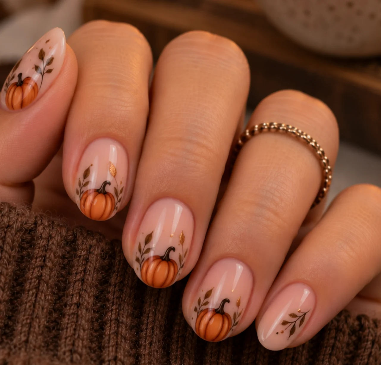 Mini pumpkin nail art on nude nails