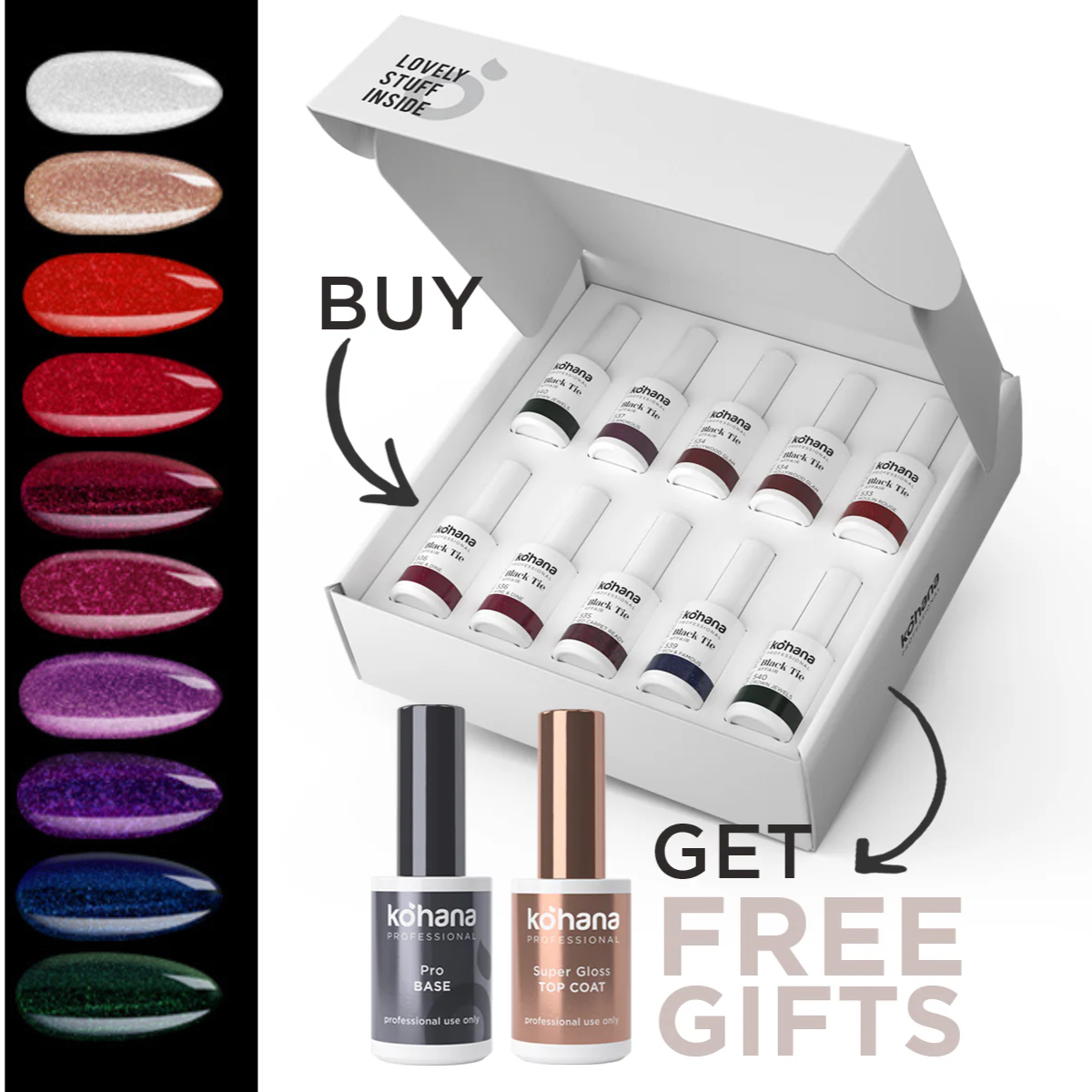 Bundle Set of 10 Black Tie Affair Collection Colours + FREE Pro Base & Super Gloss Top Coat