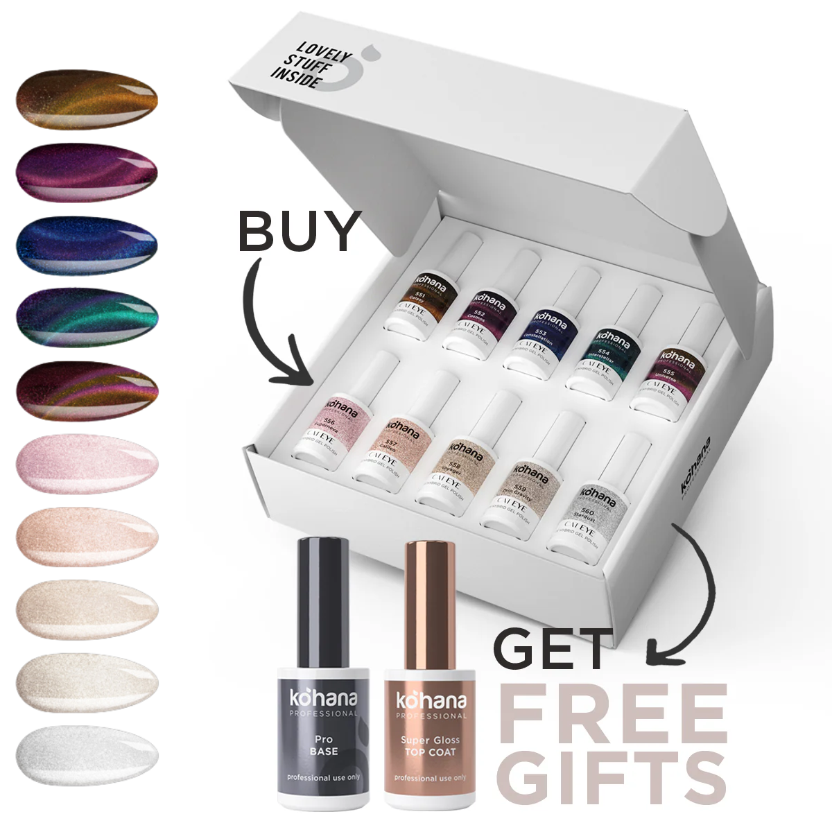 Bundle Set of 10 Cat Eye Collection Colours + FREE Pro Base & Super Gloss Top Coat