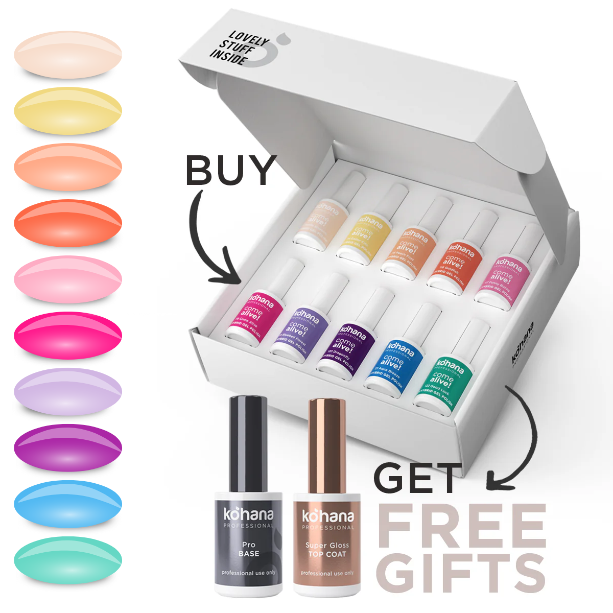 Bundle Set of 10 Come Alive! Collection Colours + FREE Pro Base & Super Gloss Top Coat