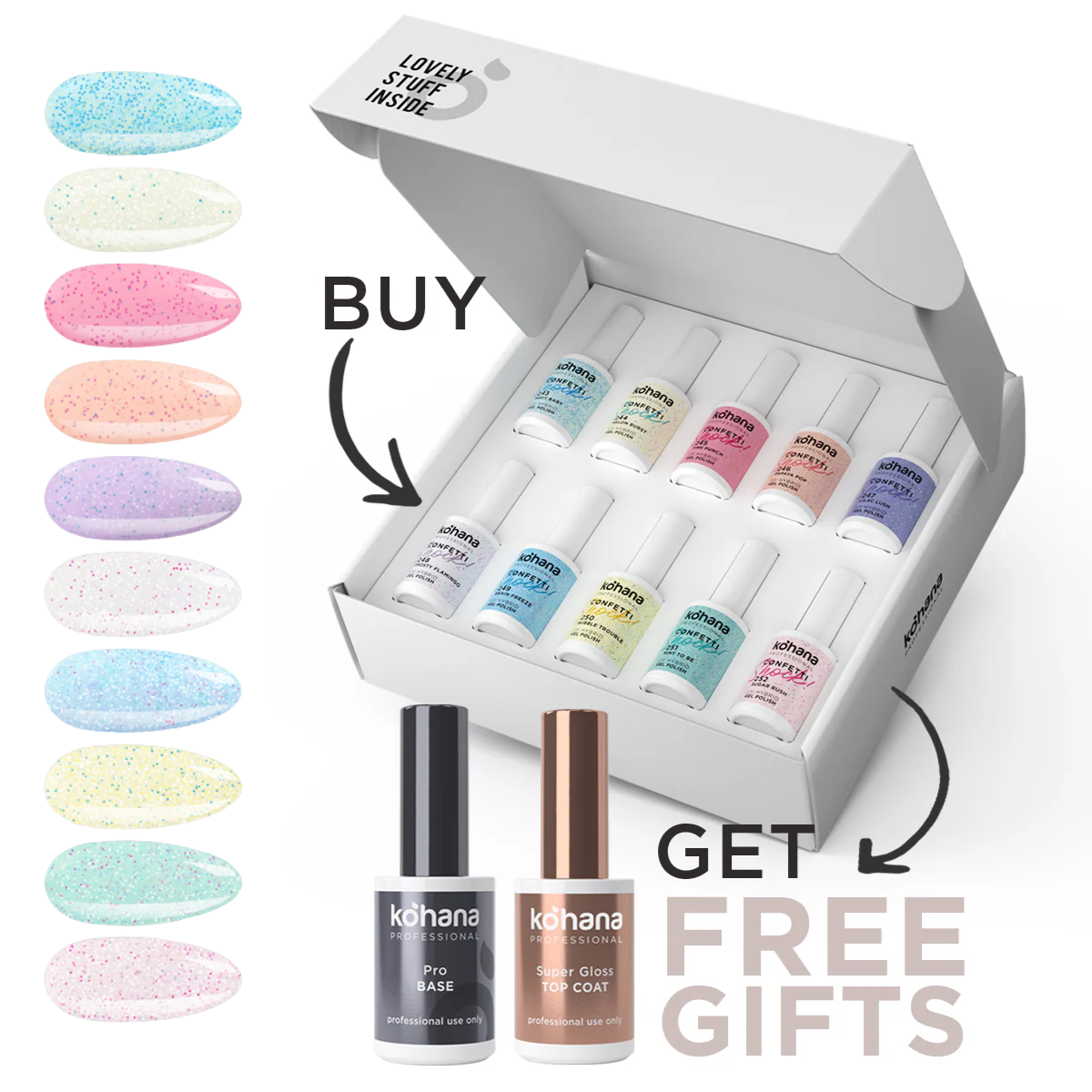 Bundle Set of 10 Confetti Shock Collection Colours + FREE Pro Base & Super Gloss Top Coat