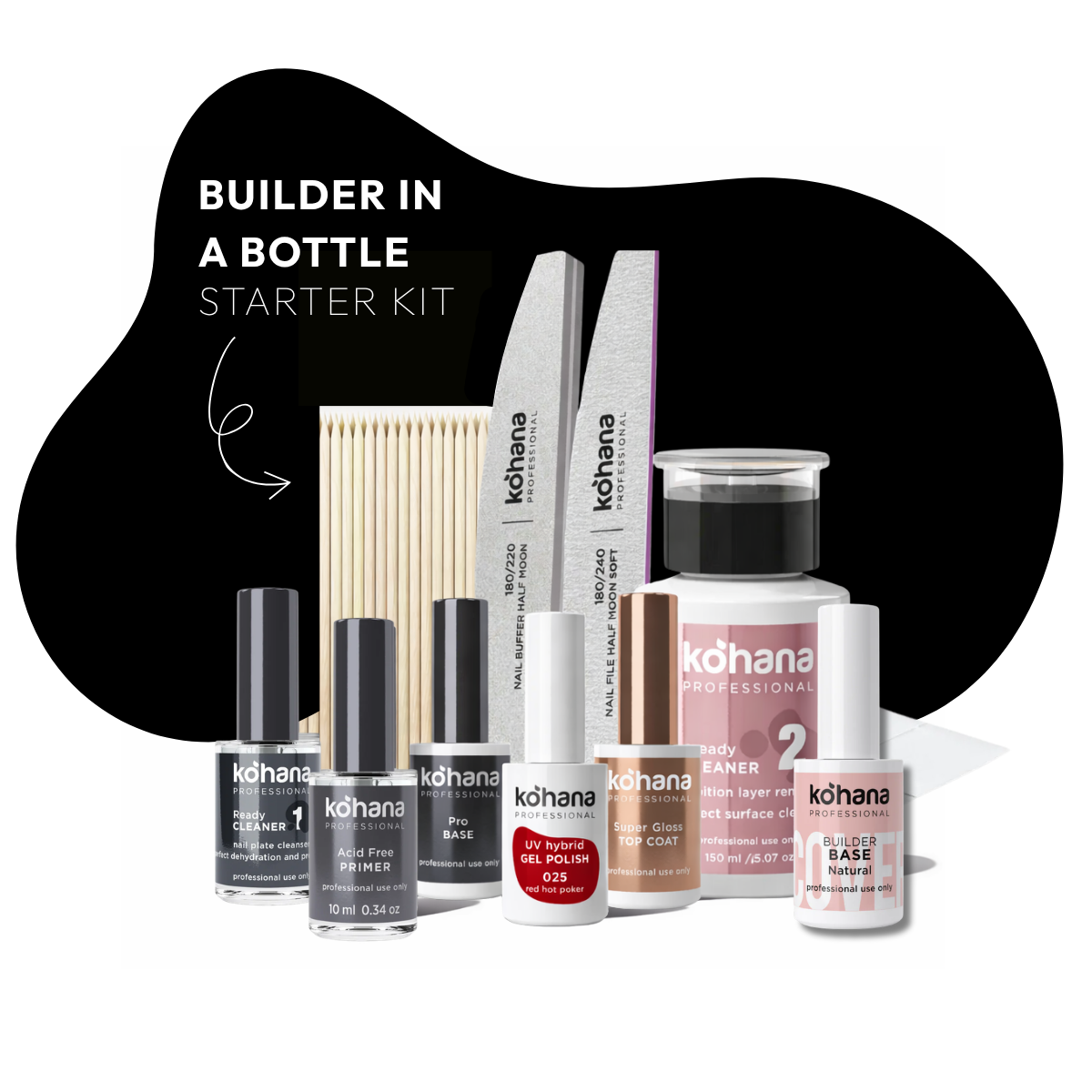 Kohana nail building kit with various bottles and tools