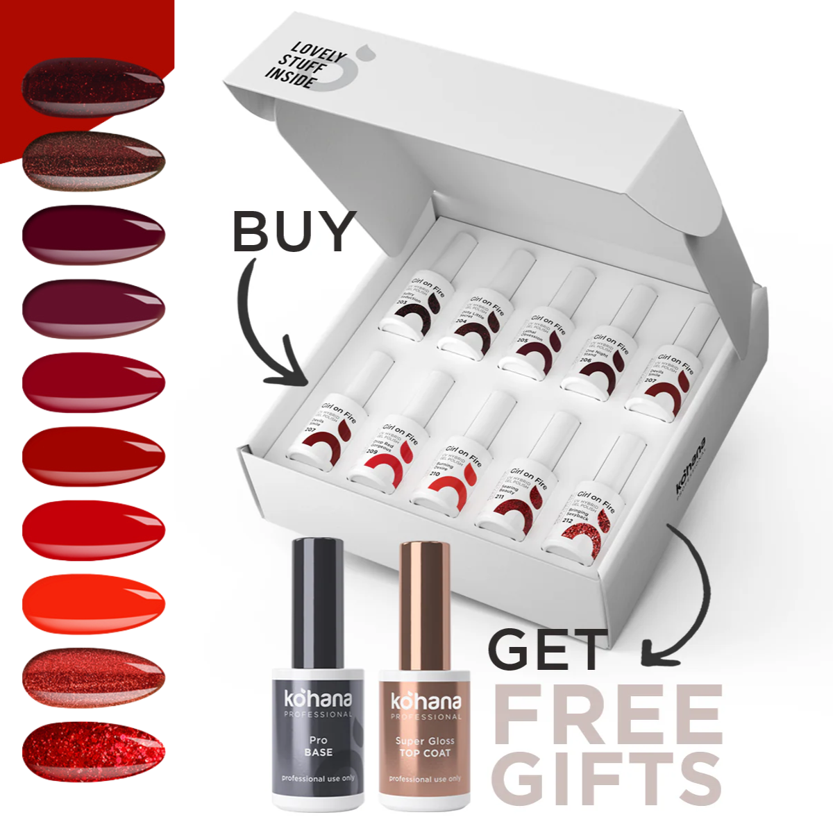 Bundle Set of 10 Girl on Fire Collection Colours + FREE Pro Base & Super Gloss Top Coat
