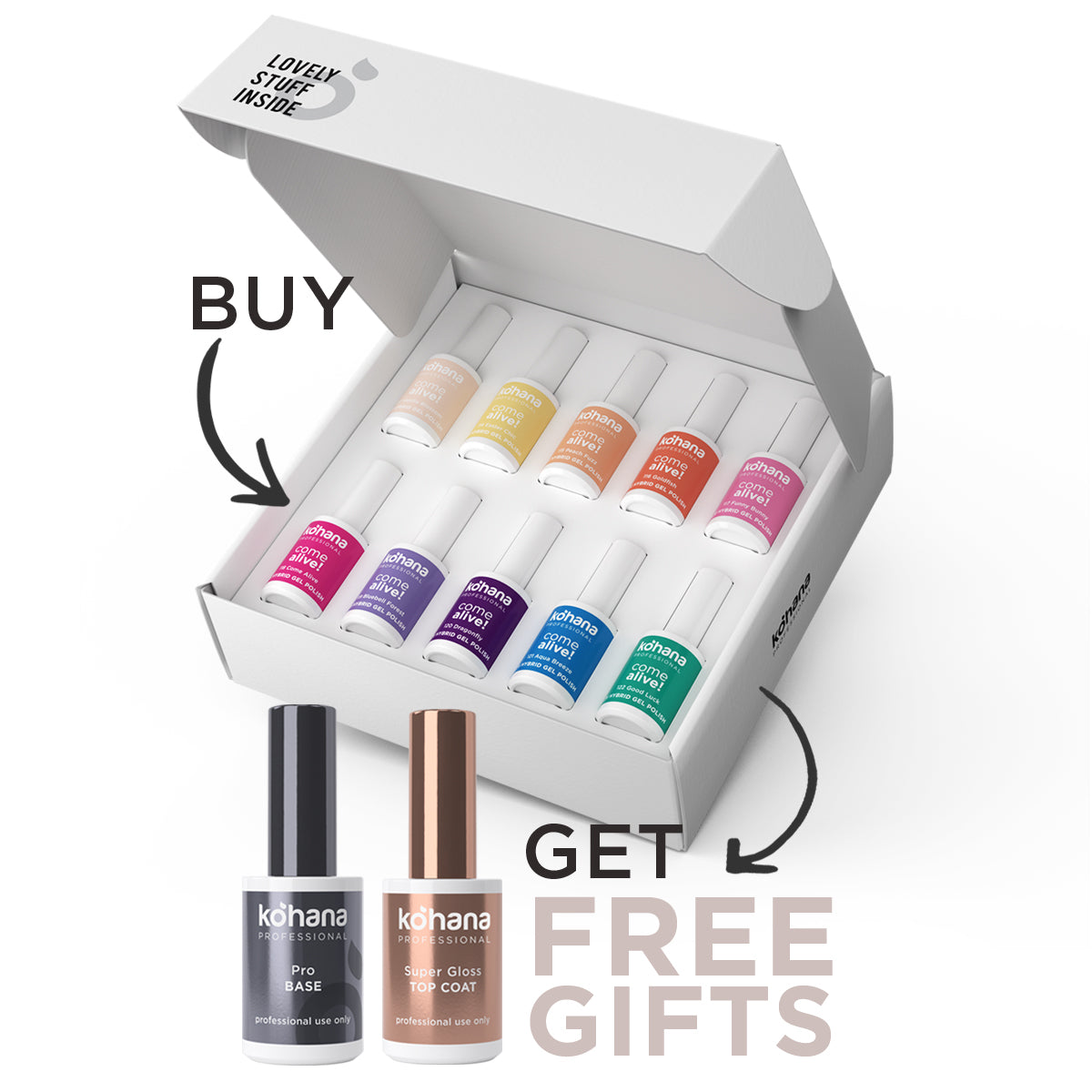 Bundle Set of 10 Come Alive! Collection Colours + FREE Pro Base & Super Gloss Top Coat
