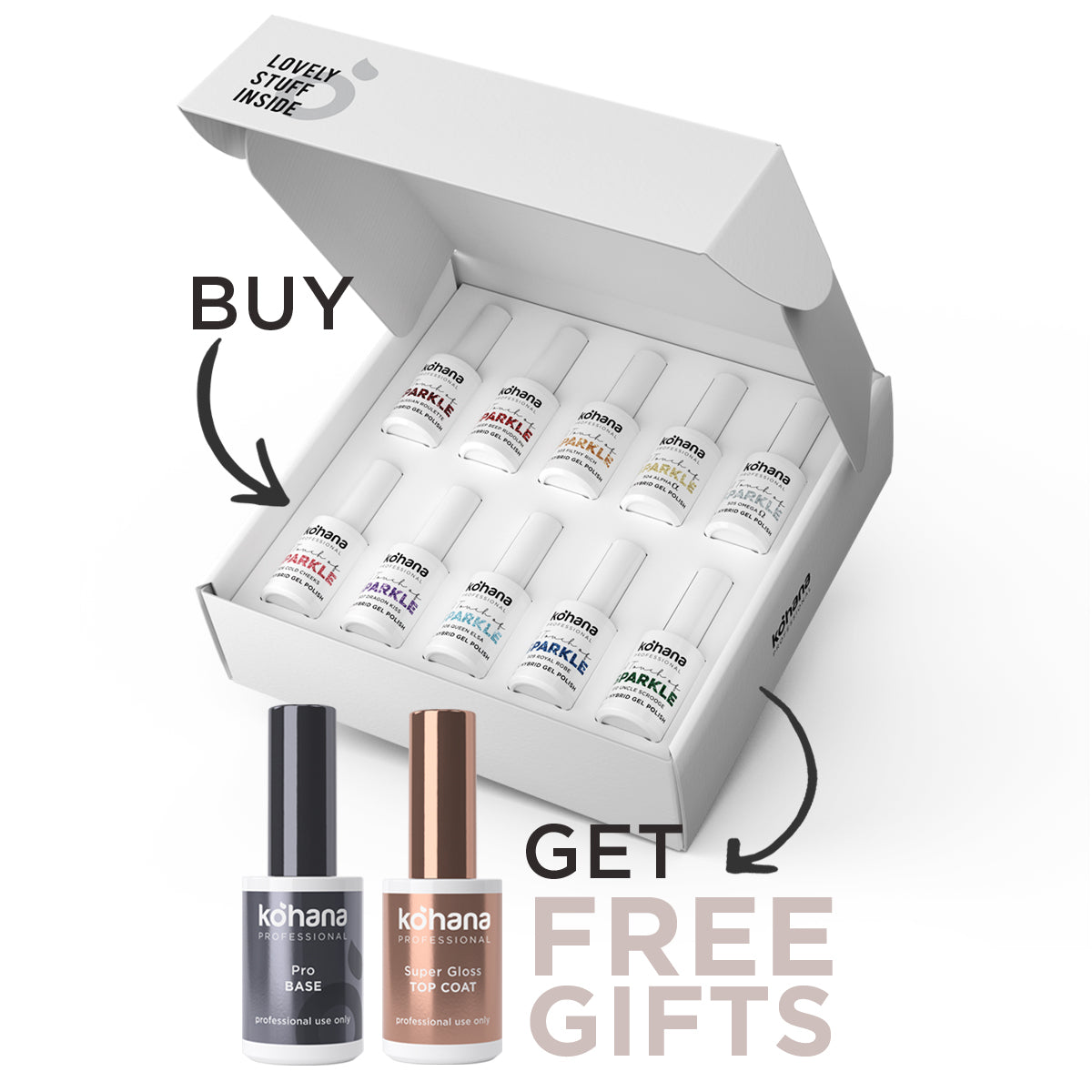 Bundle Set of 10 Touch of Sparkle Collection Colours + FREE Pro Base & Super Gloss Top Coat