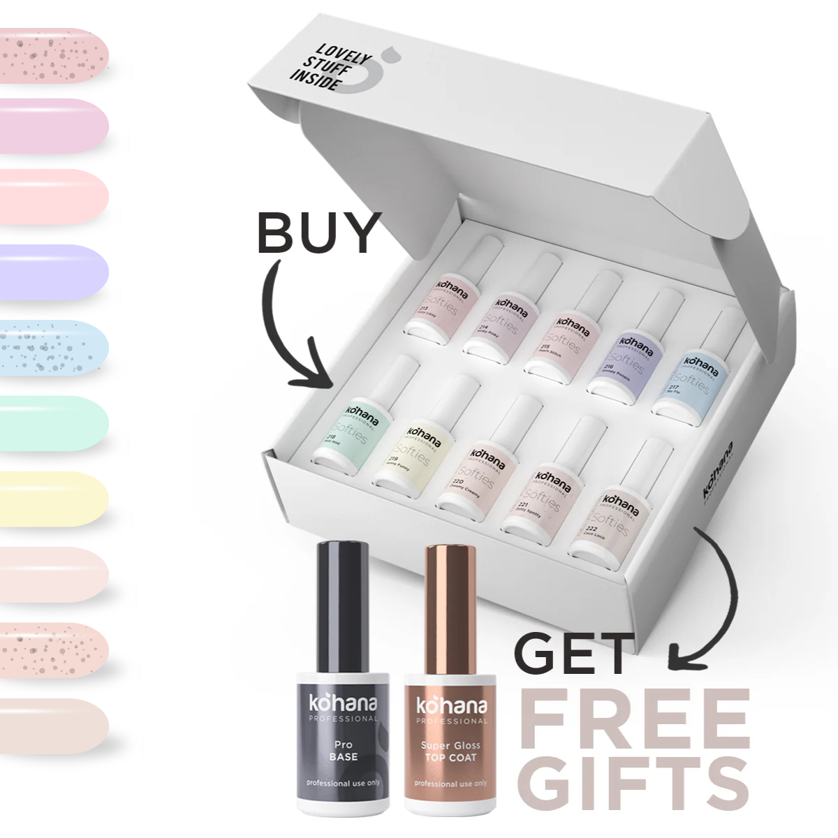 Bundle Set of 10 Softies Collection Colours + FREE Pro Base & Super Gloss Top Coat