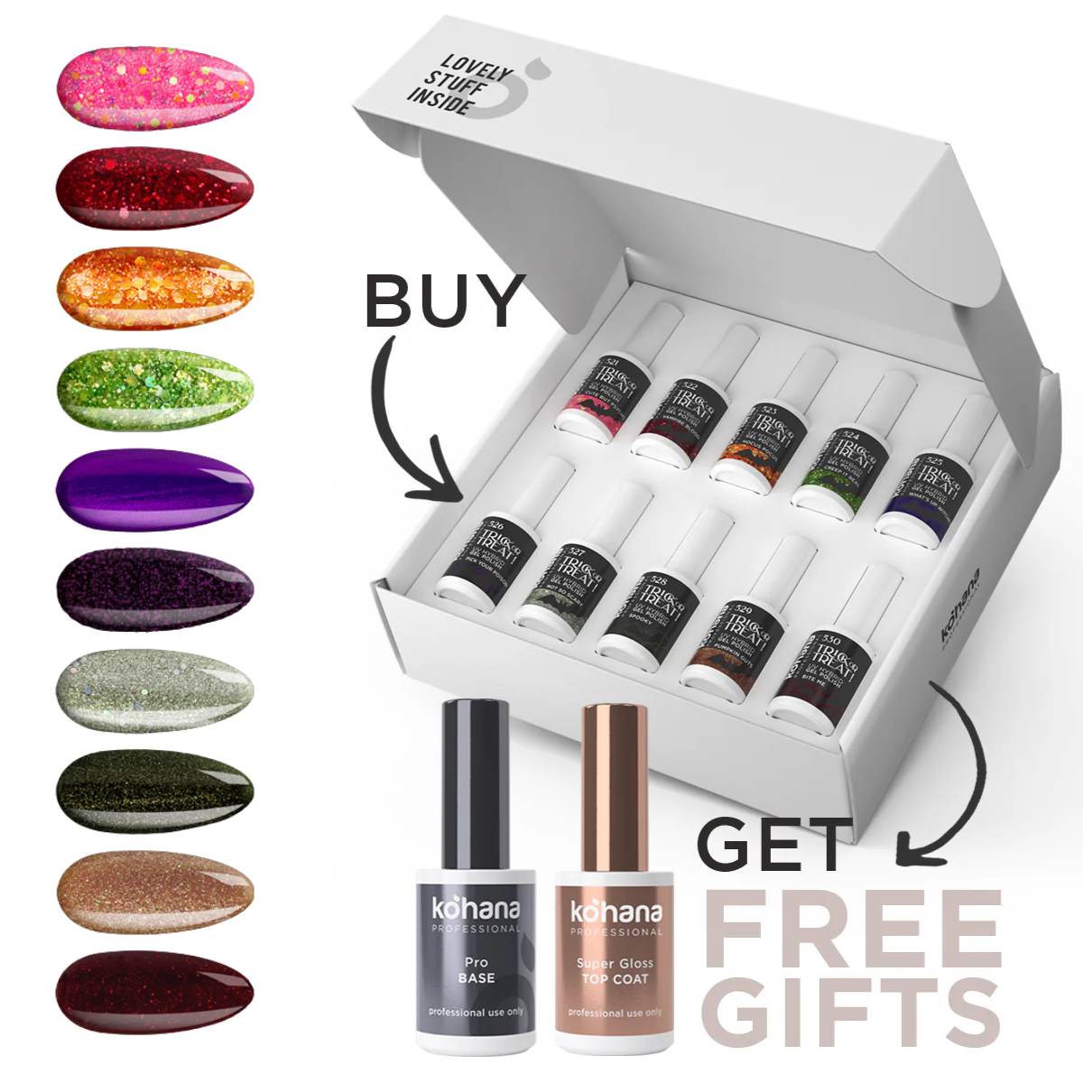 Bundle Set of 10 Trick or Treat! Collection Colours + FREE Pro Base & Super Gloss Top Coat