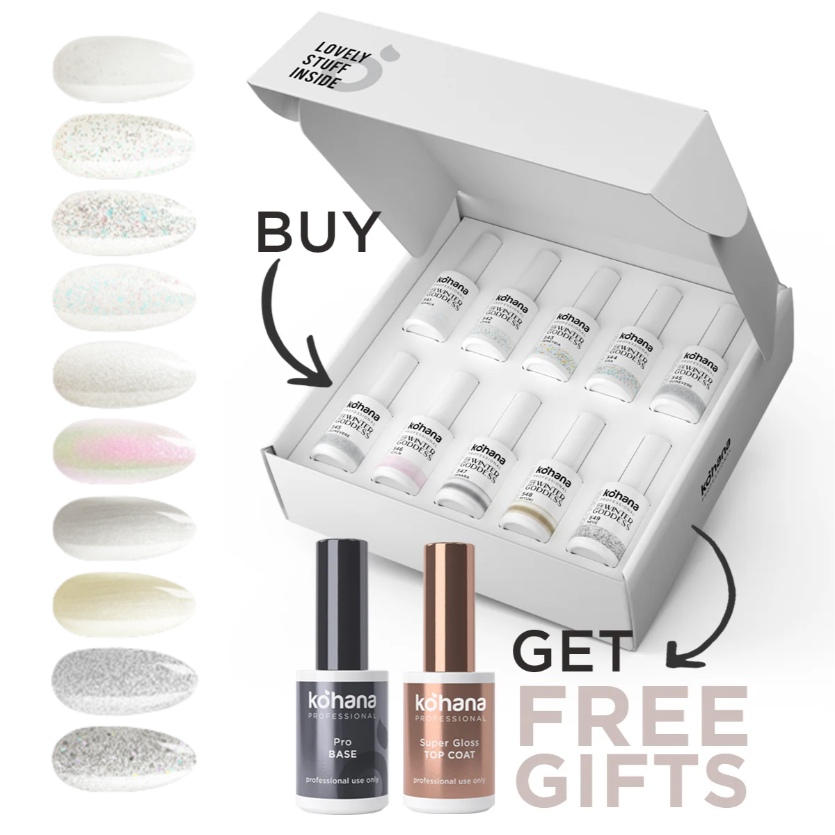 Bundle Set of 10 The Winter Goddess Collection Colours + FREE Pro Base & Super Gloss Top Coat
