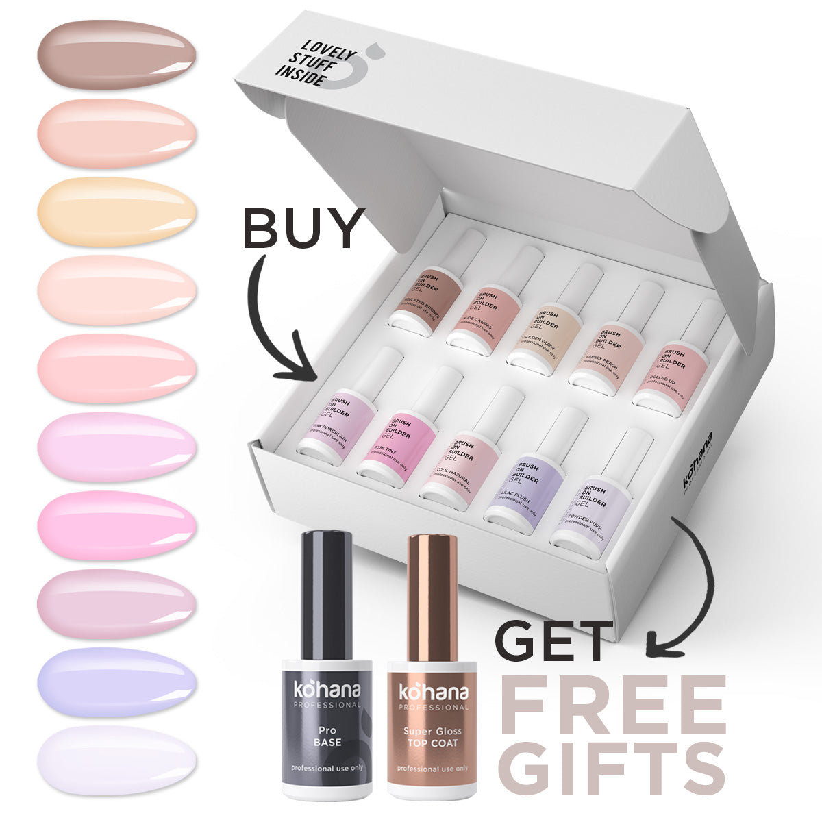 Bundle Set of 10 Brush On Builder Colours + FREE Pro Base & Super Gloss Top Coat