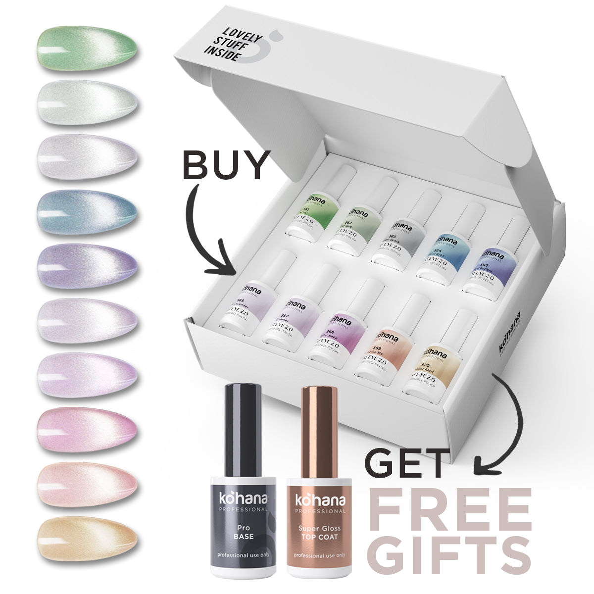 Bundle Set of 10 Cat Eye 2.0 Collection Colours + FREE Pro Base & Super Gloss Top Coat
